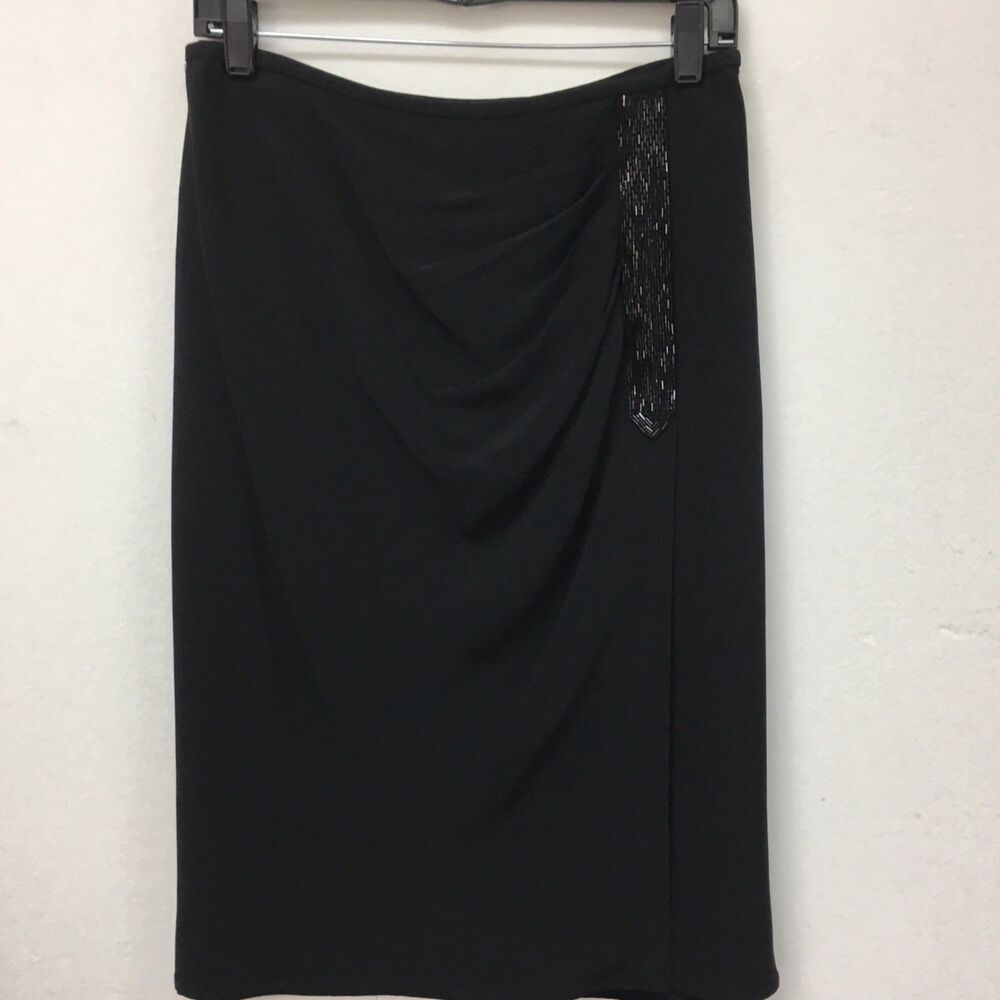 Ellen Tracy Women's Black Size 6 Skirt Beaded Faux Wrap Lined Straight $278 NWOT
